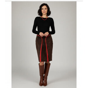 Vintage Statement Red contour striped Brown Suede Leather pencil Skirt W-29